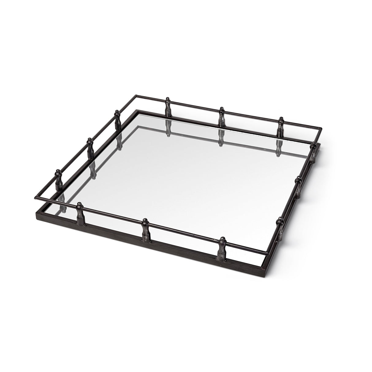 Christa 22L x 22W Black Metal Mirrored Base Square Tray by Mercana at Eve Furniture