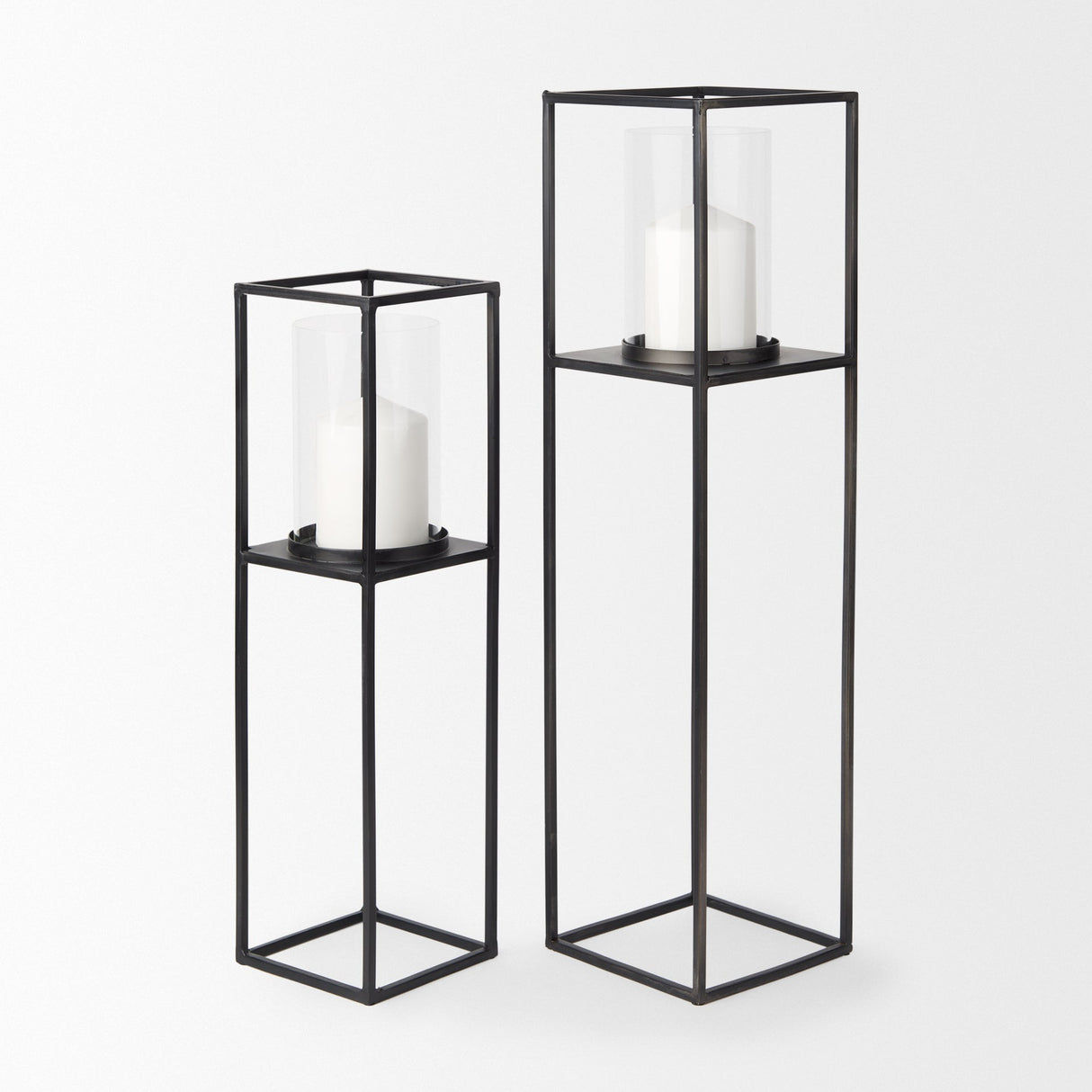 Cindy Set of 2 Matte Black Metal and Hurricane Glass Pillar Tabletop Candle Holders by Mercana at Eve Furniture