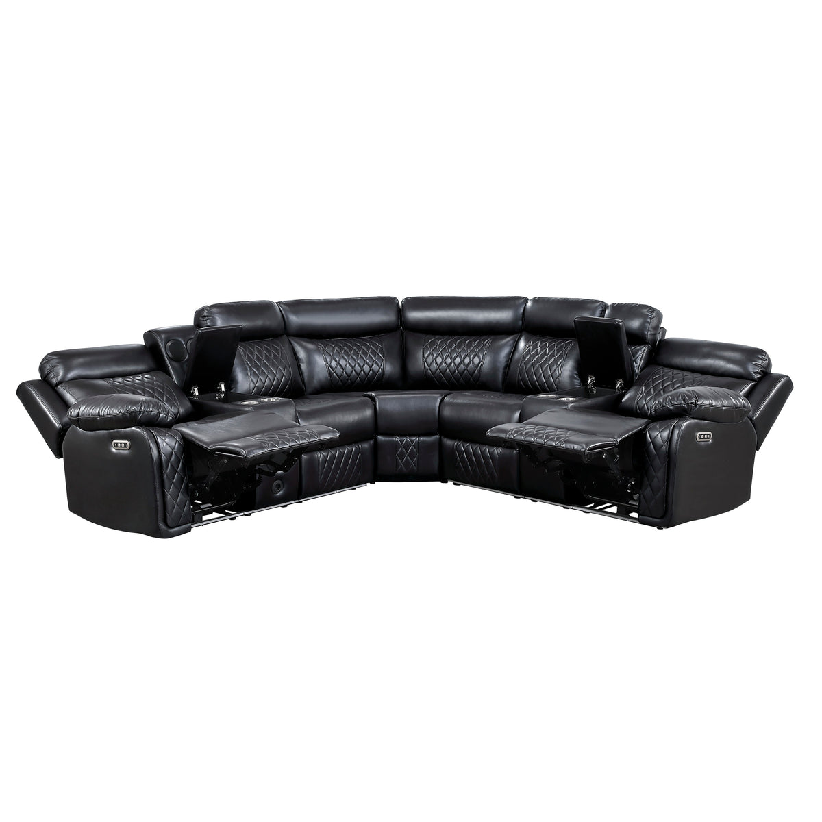 Cipher Black 3-Piece Power Reclining Sectional with Two Consoles, Speakers, Subwoofer, LED Lighting and Charging Port by Homelegance at Eve Furniture