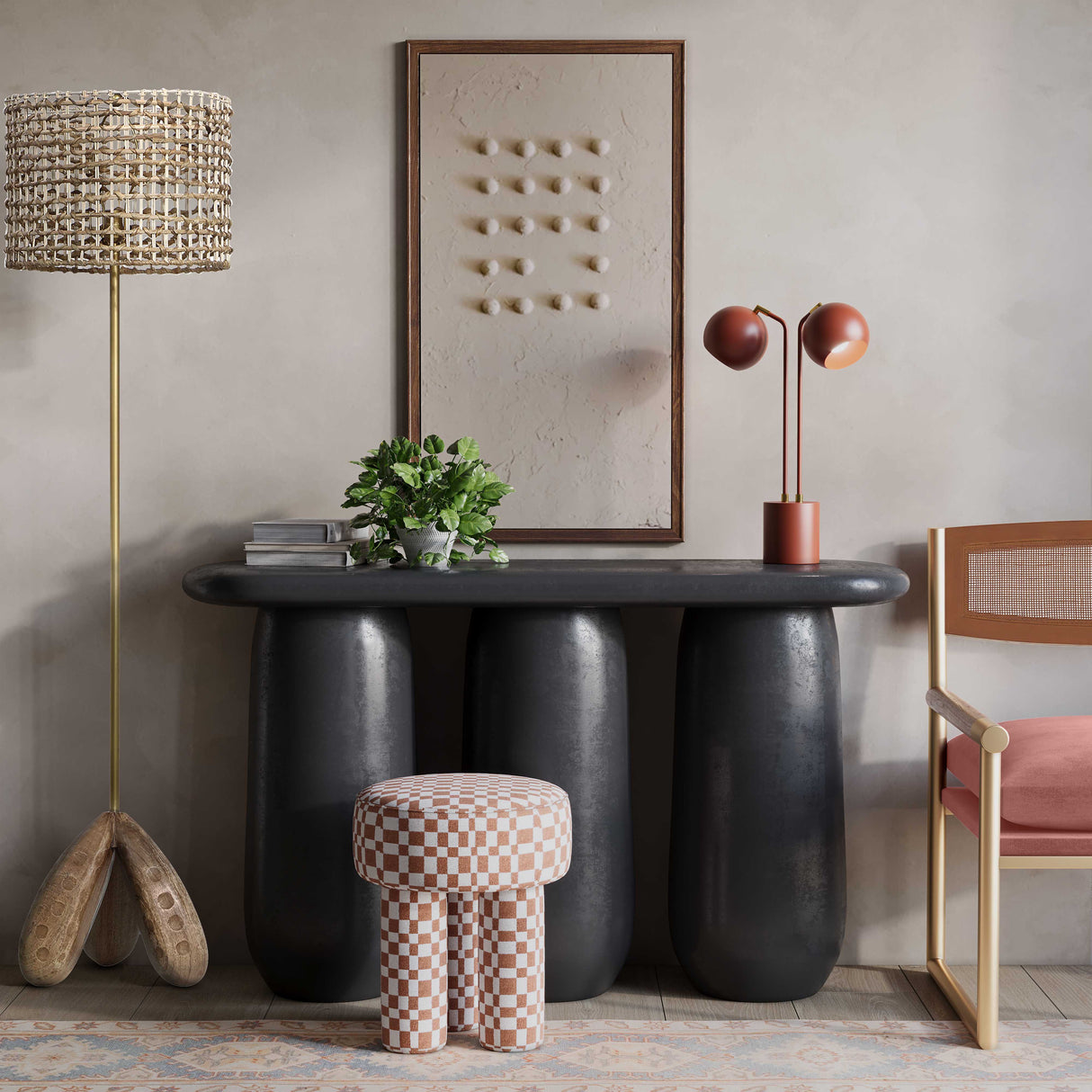 Claire Brown Checkered Boucle Stool by TOV Furniture at Eve Furniture