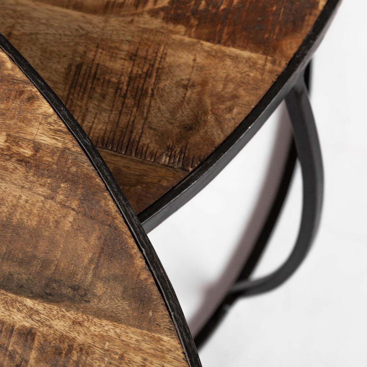 Clapp I Set of 2 ( & ) Round Brown Wood Top Black Iron Base Nesting Coffee Tables by Mercana at Eve Furniture