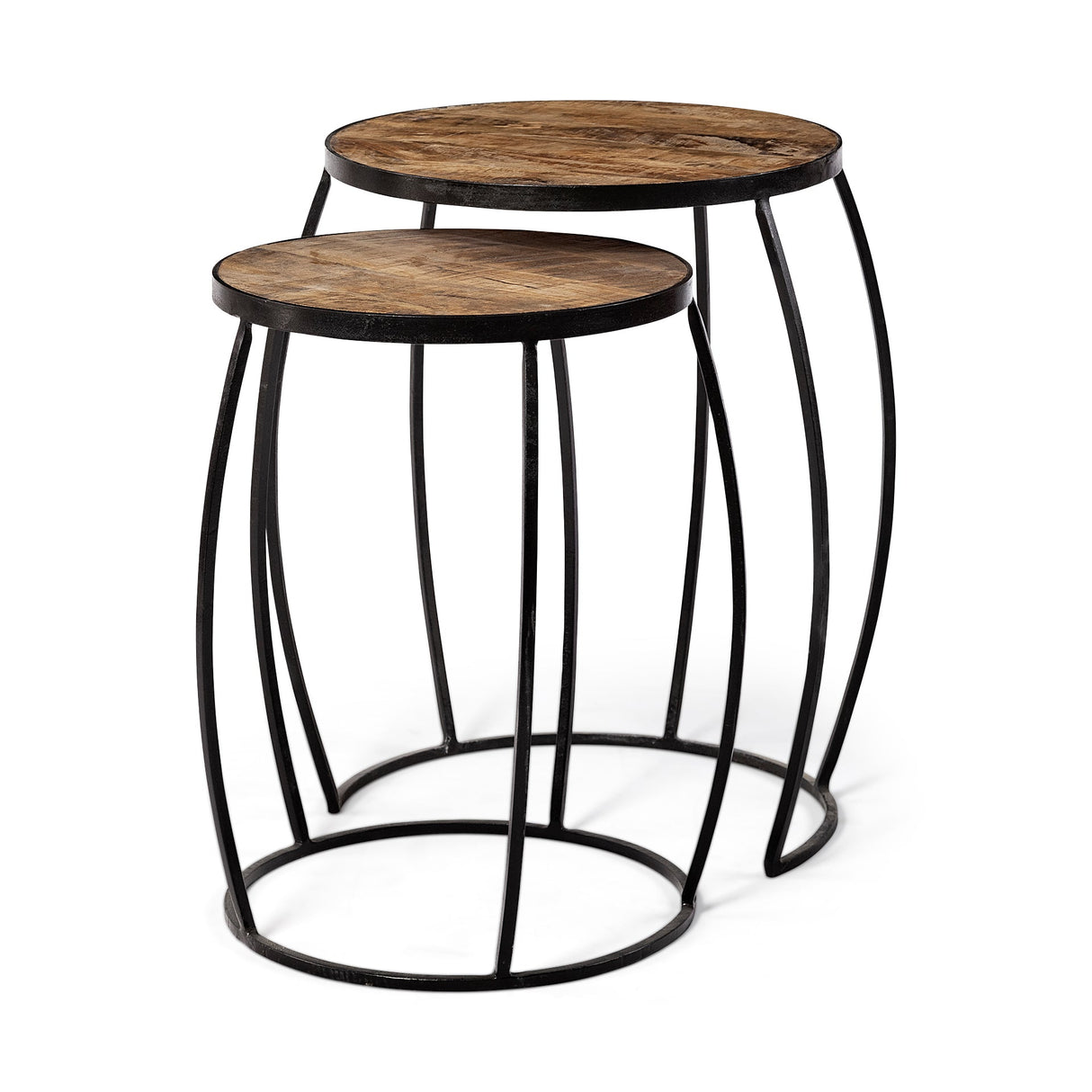 Clapp IV (Set of 2) 20L x 20W Brown Round Wood Top W/ Black Iron Frame Nesting Accent Tables by Mercana at Eve Furniture