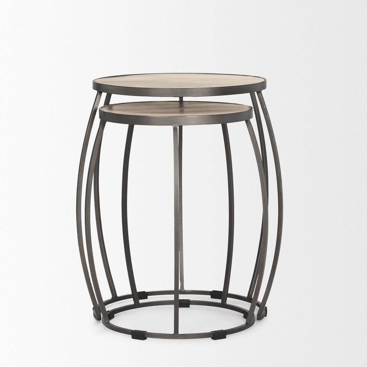 Clapp Round Light Brown W/ White Wash Wood and Silver Metal Nesting Accent Tables (Set of 2) by Mercana at Eve Furniture