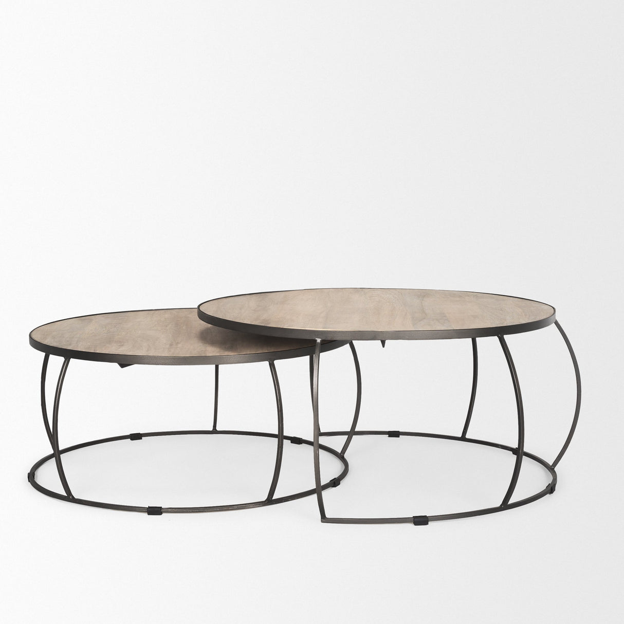 Clapp Round Light Brown W/ White Wash Wood and Silver Metal Nesting Coffee Tables (Set of 2) by Mercana at Eve Furniture