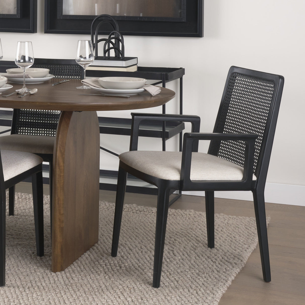 Clara Black Wood W/ Cream Fabric Seat and Cane Back Dining Chair by Mercana at Eve Furniture
