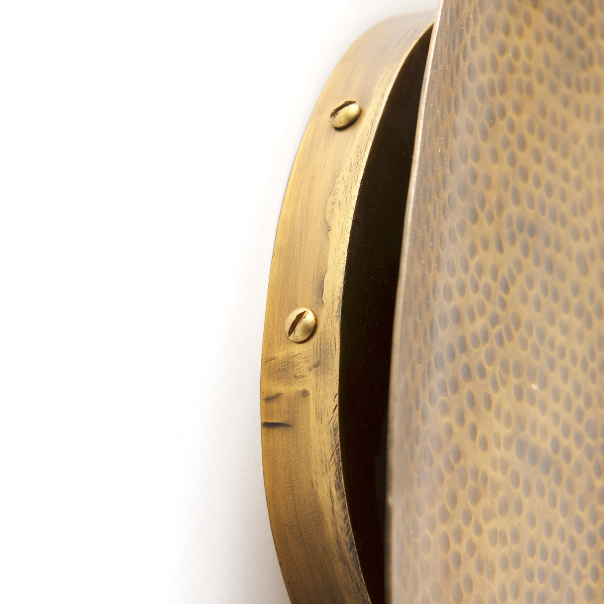 Clarence 7.0L x 5.3W x 17.0H Metal Hammered Gold Round Wall Sconce by Mercana at Eve Furniture