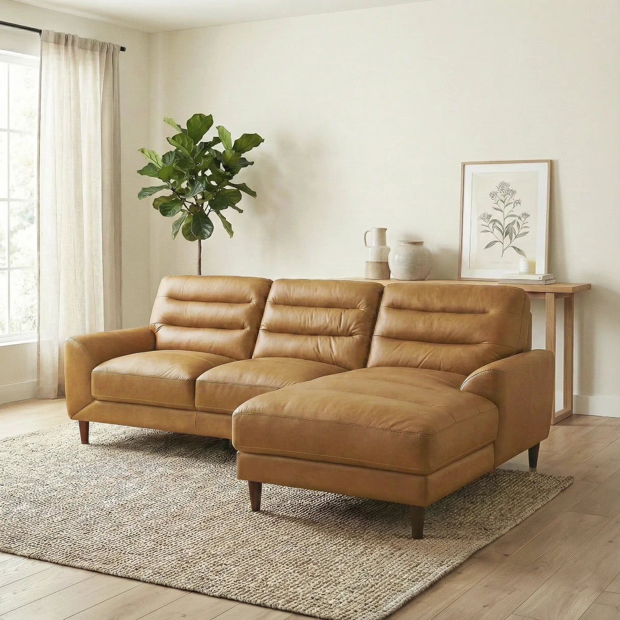 Clarion Genuine Tan Leather Sectional Sofa with Chaise Lounge by Ashcroft Furniture at Eve Furniture