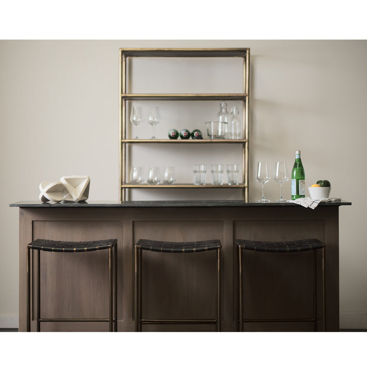 Clarissa 18.0L x 16.0W x 26.25H Black Woven Leather Seat W/ Gold Frame Counter Stool by Mercana at Eve Furniture