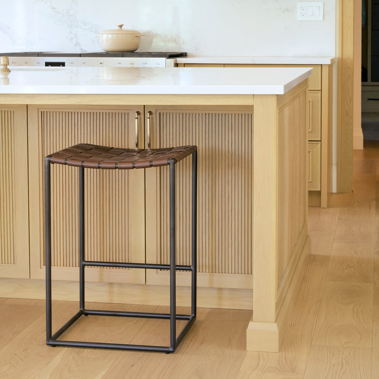 Clarissa 18.0L x 16.0W x 26.25H Dark Brown Woven Leather Seat W/ Black Iron Frame Counter Stool by Mercana at Eve Furniture
