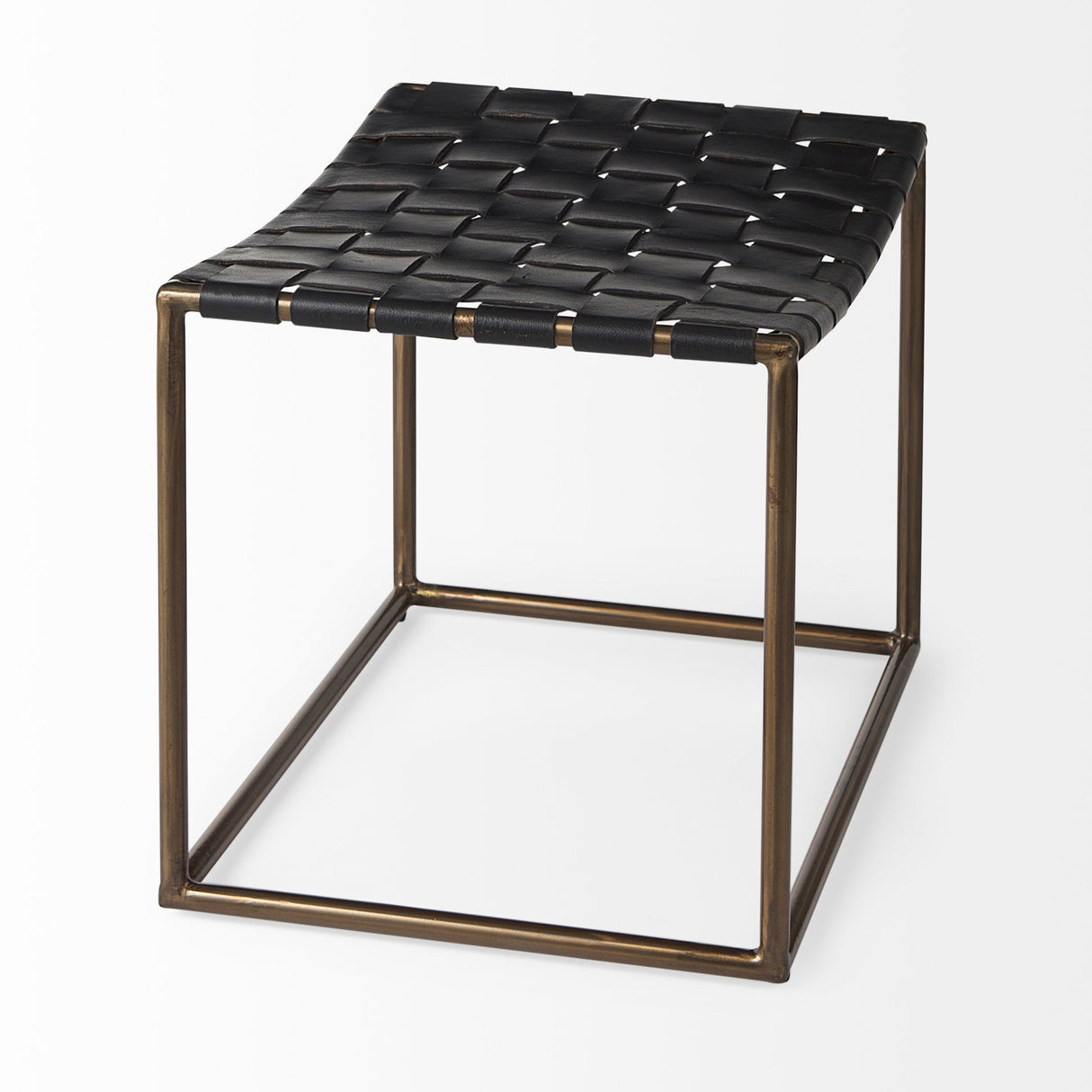 Clarissa 22.0L x 16.0W x 16.75H Black Leather Woven Seat W/ Gold Metal Frame Stool by Mercana at Eve Furniture