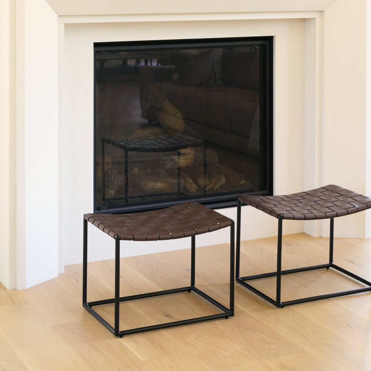 Clarissa 22.0L x 16.0W x 16.5H Brown Leather Woven Seat W/ Black Metal Frame Stool by Mercana at Eve Furniture
