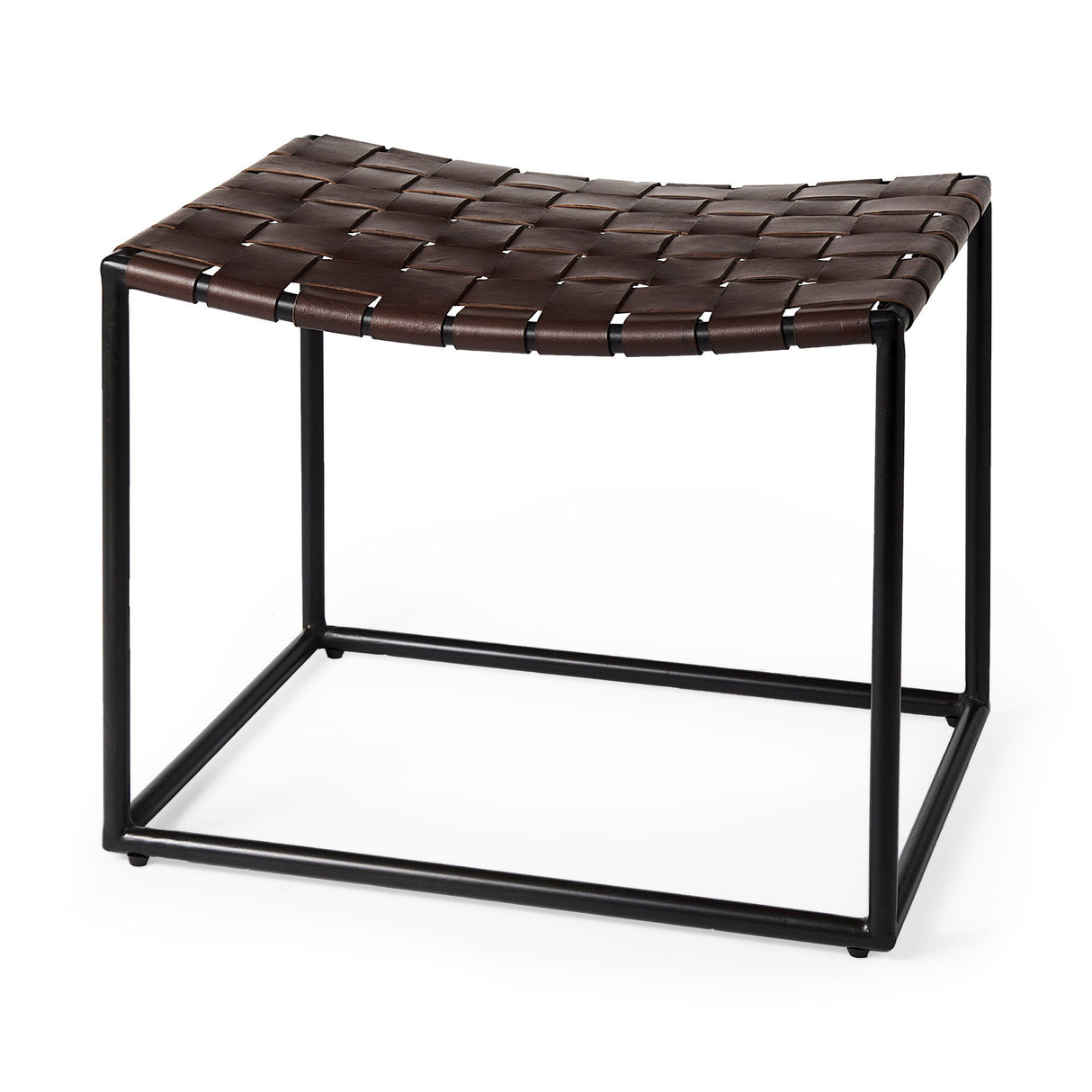 Clarissa 22.0L x 16.0W x 16.5H Brown Leather Woven Seat W/ Black Metal Frame Stool by Mercana at Eve Furniture