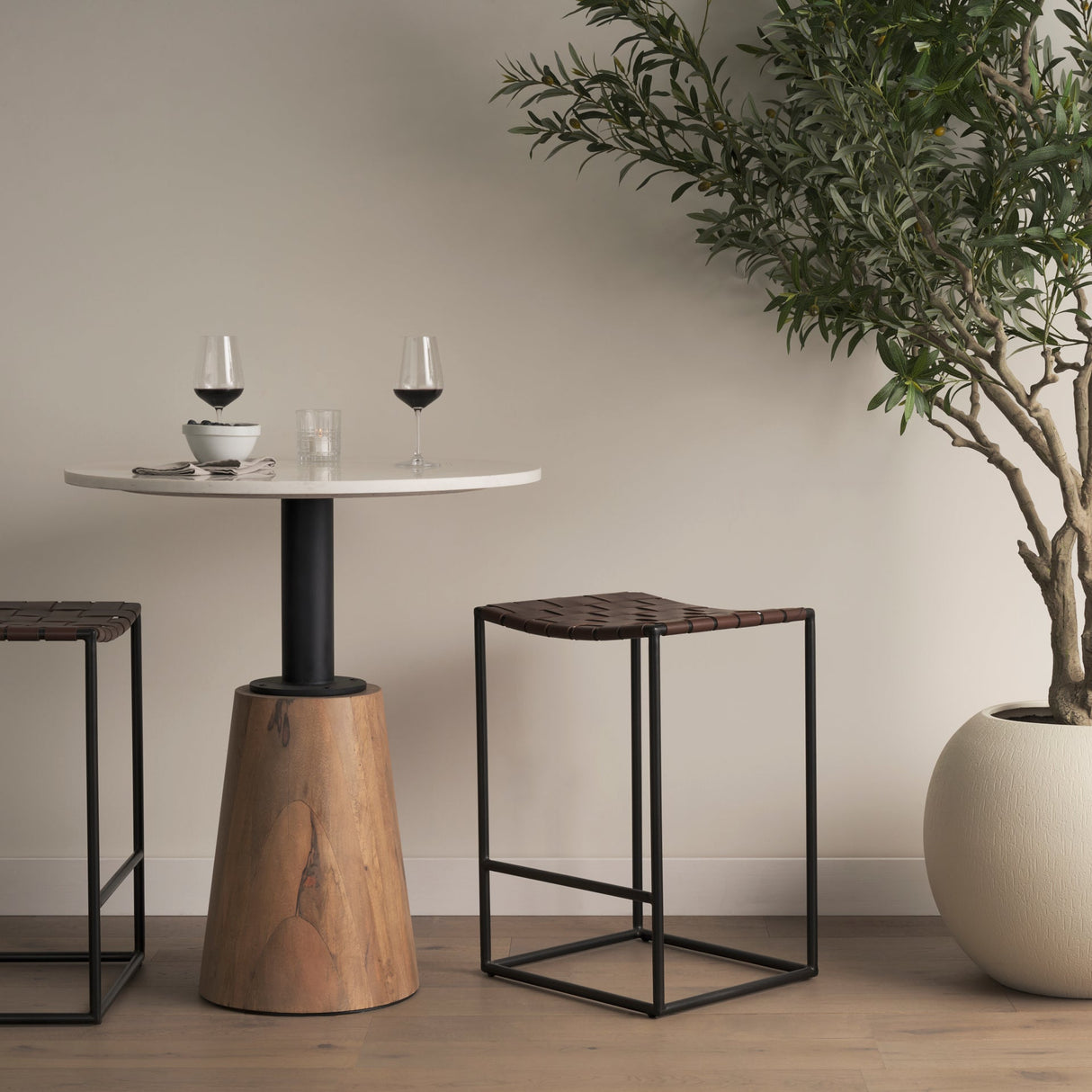 Clarissa Dark Brown Woven Leather Seat W/ Black Iron Frame Counter Stool by Mercana at Eve Furniture