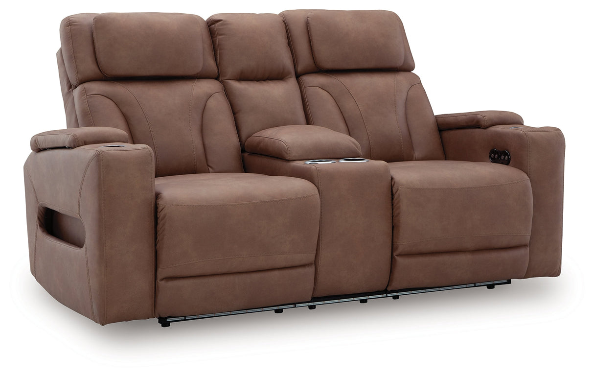 Clean-Slate Caramel Power Reclining Loveseat with Console by Ashley at Eve Furniture