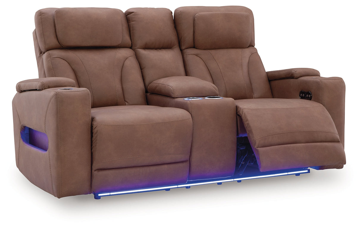 Clean-Slate Caramel Power Reclining Loveseat with Console by Ashley at Eve Furniture