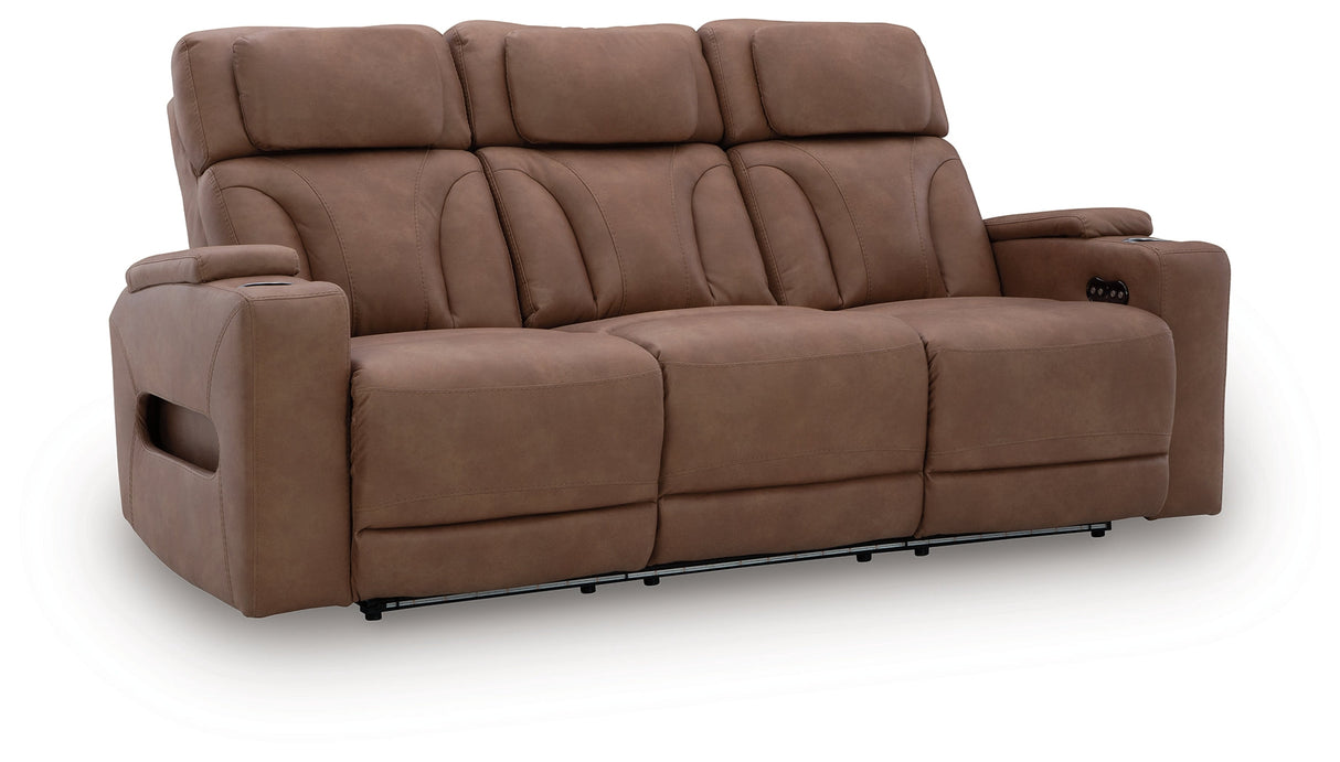 Clean-Slate Caramel Dual Power Reclining Sofa by Ashley at Eve Furniture