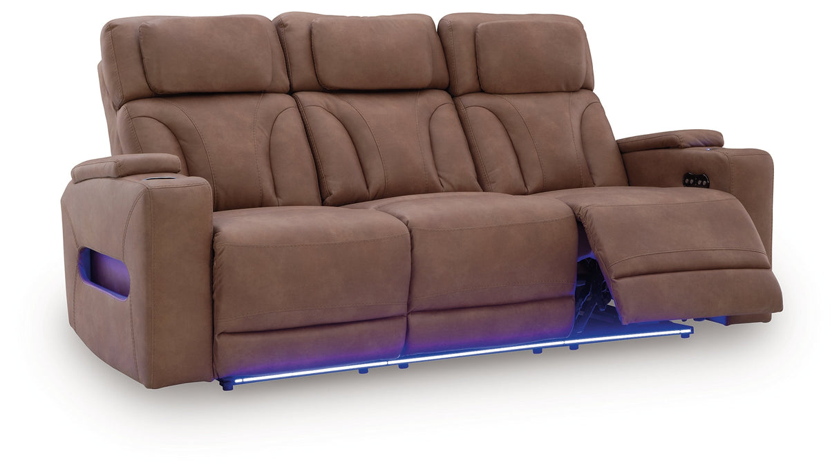 Clean-Slate Caramel Dual Power Reclining Sofa by Ashley at Eve Furniture