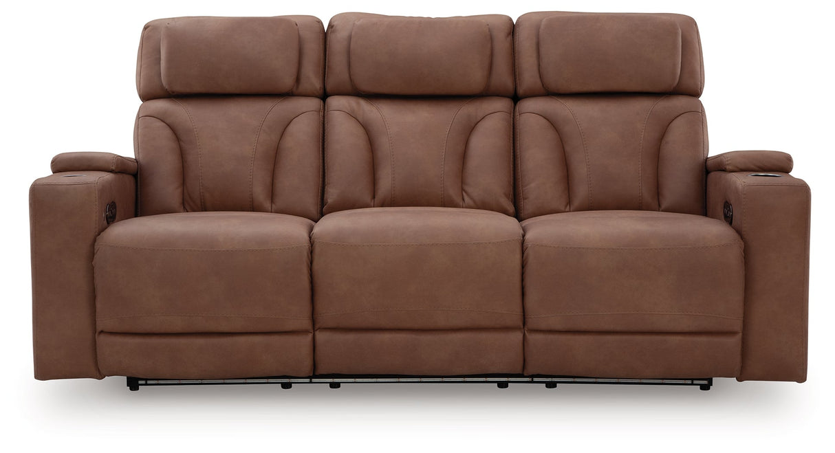 Clean-Slate Caramel Dual Power Reclining Sofa by Ashley at Eve Furniture