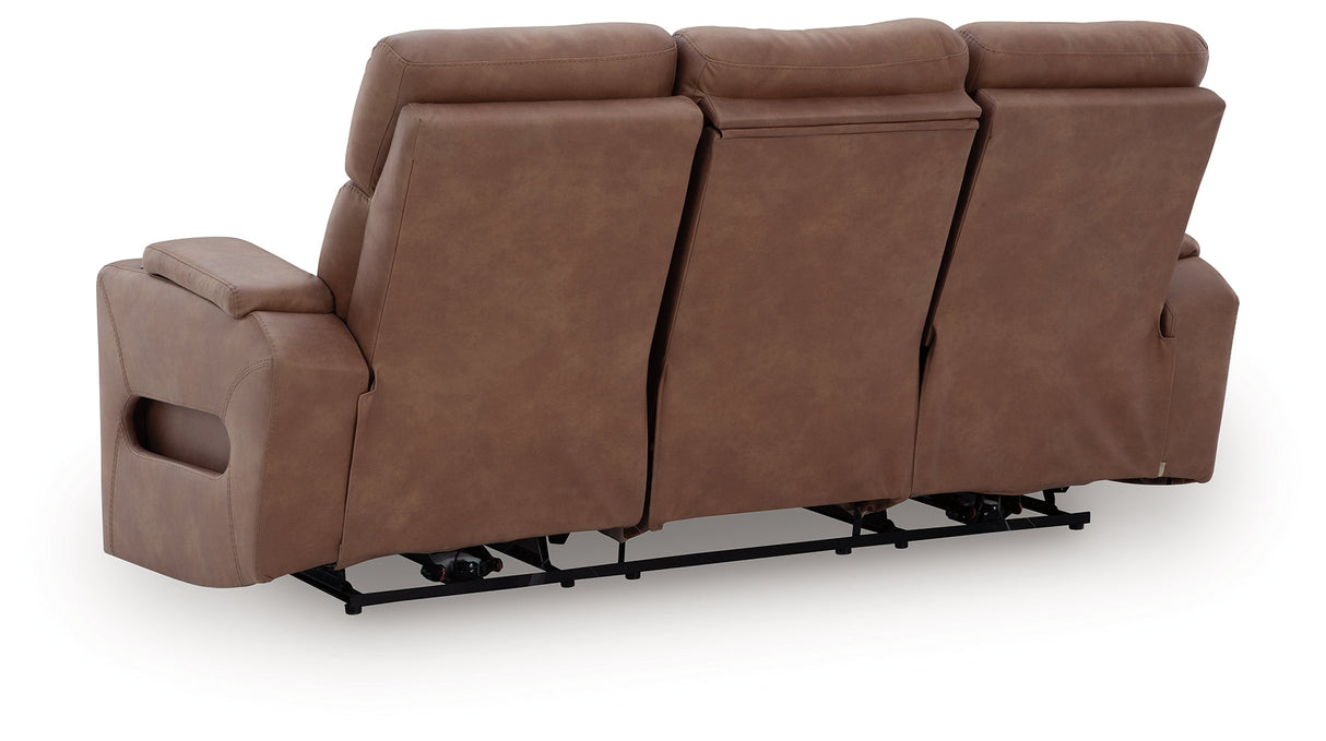 Clean-Slate Caramel Dual Power Reclining Sofa by Ashley at Eve Furniture