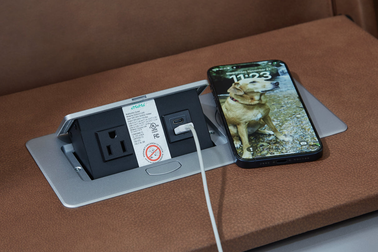 Clean-Slate Caramel Dual Power Reclining Sofa by Ashley at Eve Furniture