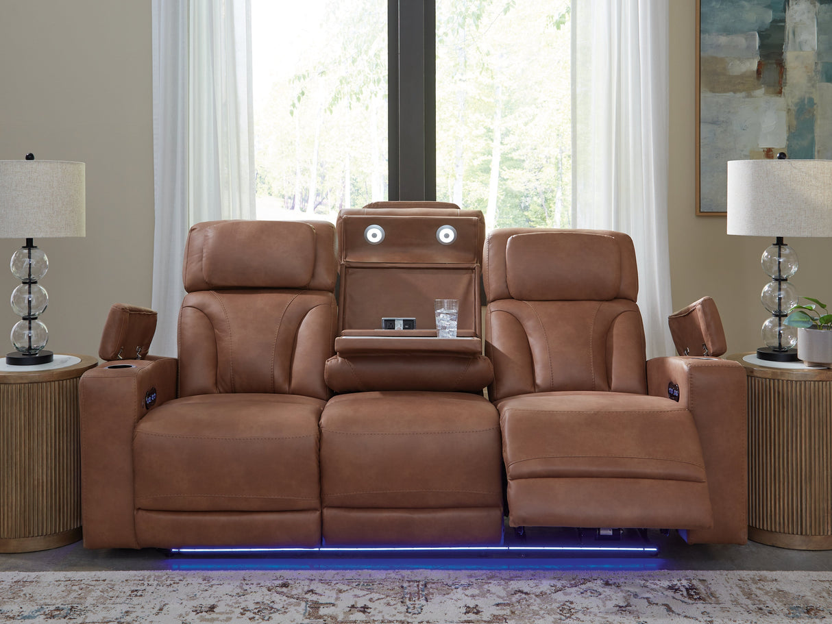 Clean-Slate Caramel Dual Power Reclining Sofa by Ashley at Eve Furniture