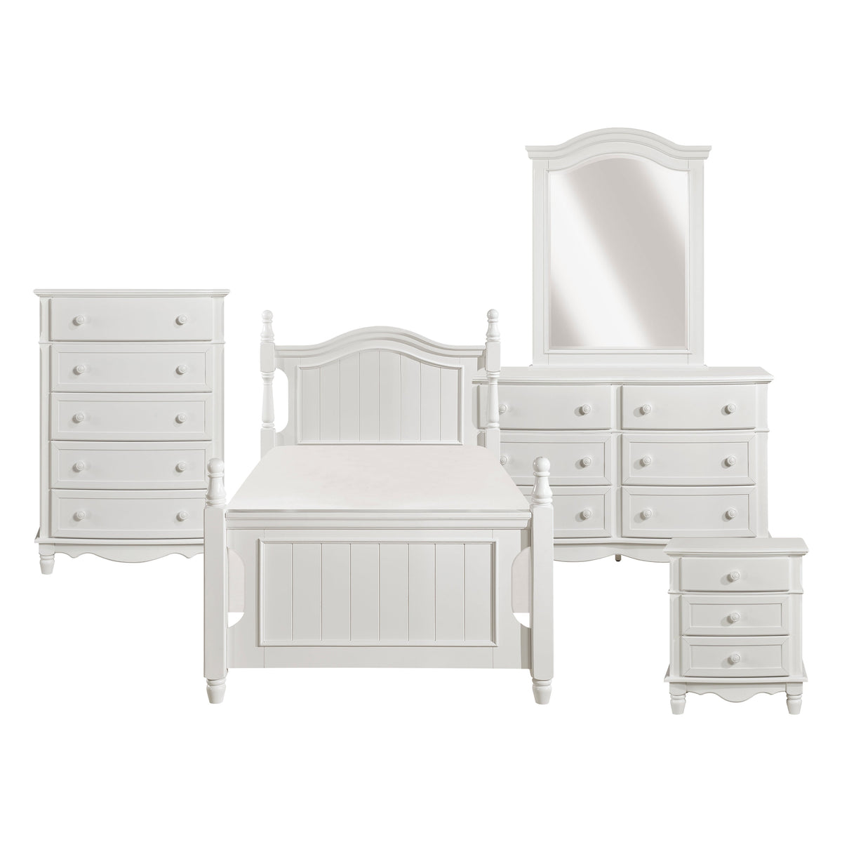 Clementine White Twin Bed, Nightstand, Dresser, Mirror and Chest by Homelegance at Eve Furniture