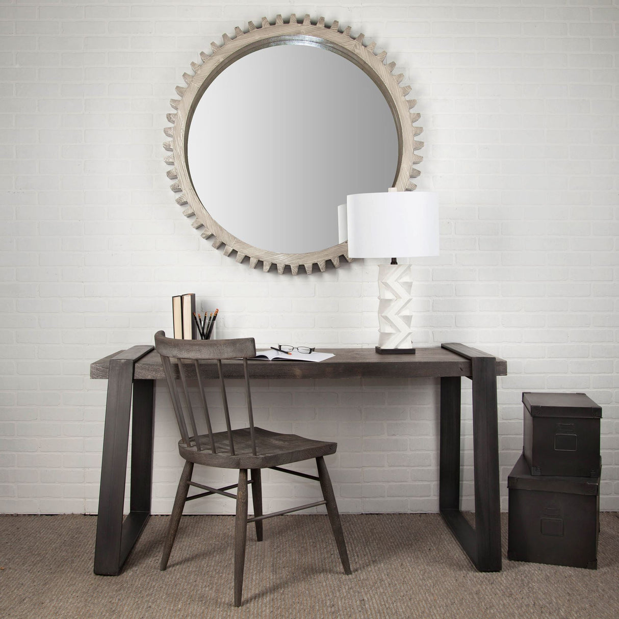 Cog Mirror Round Gray Wood Frame Mirror by Mercana at Eve Furniture