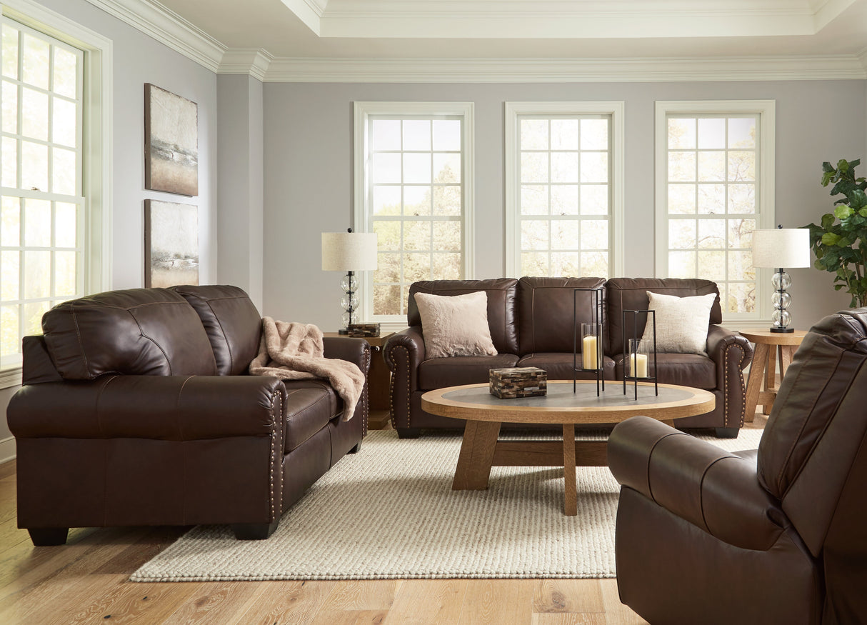 Colleton Sofa, Loveseat and Recliner in Dark Brown by Ashley at Eve Furniture