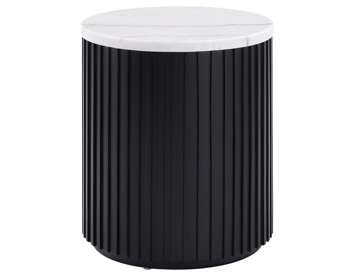 Colvin 18″ Round White Marble Top End Table, Black Finish by Steve Silver at Eve Furniture
