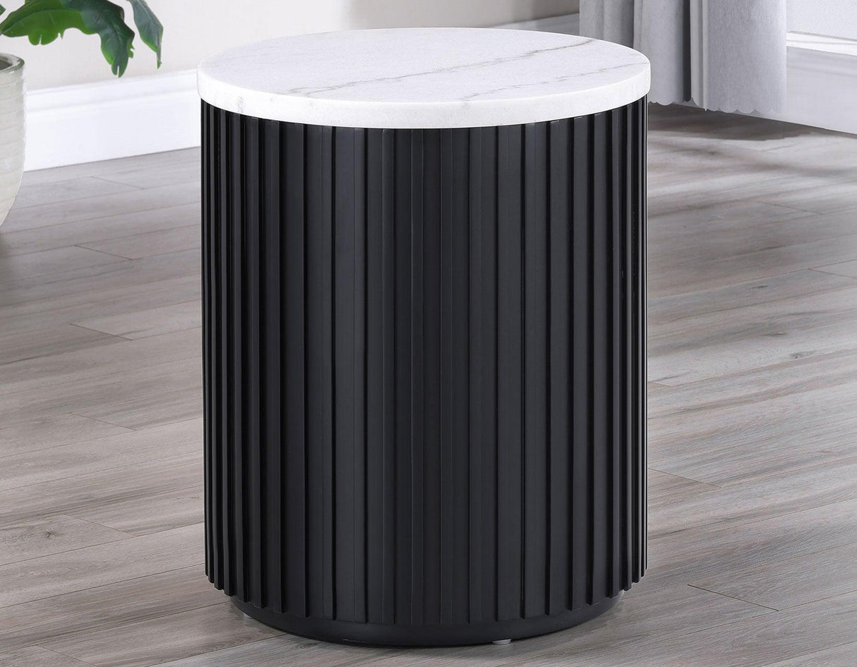 Colvin 18″ Round White Marble Top End Table, Black Finish by Steve Silver at Eve Furniture