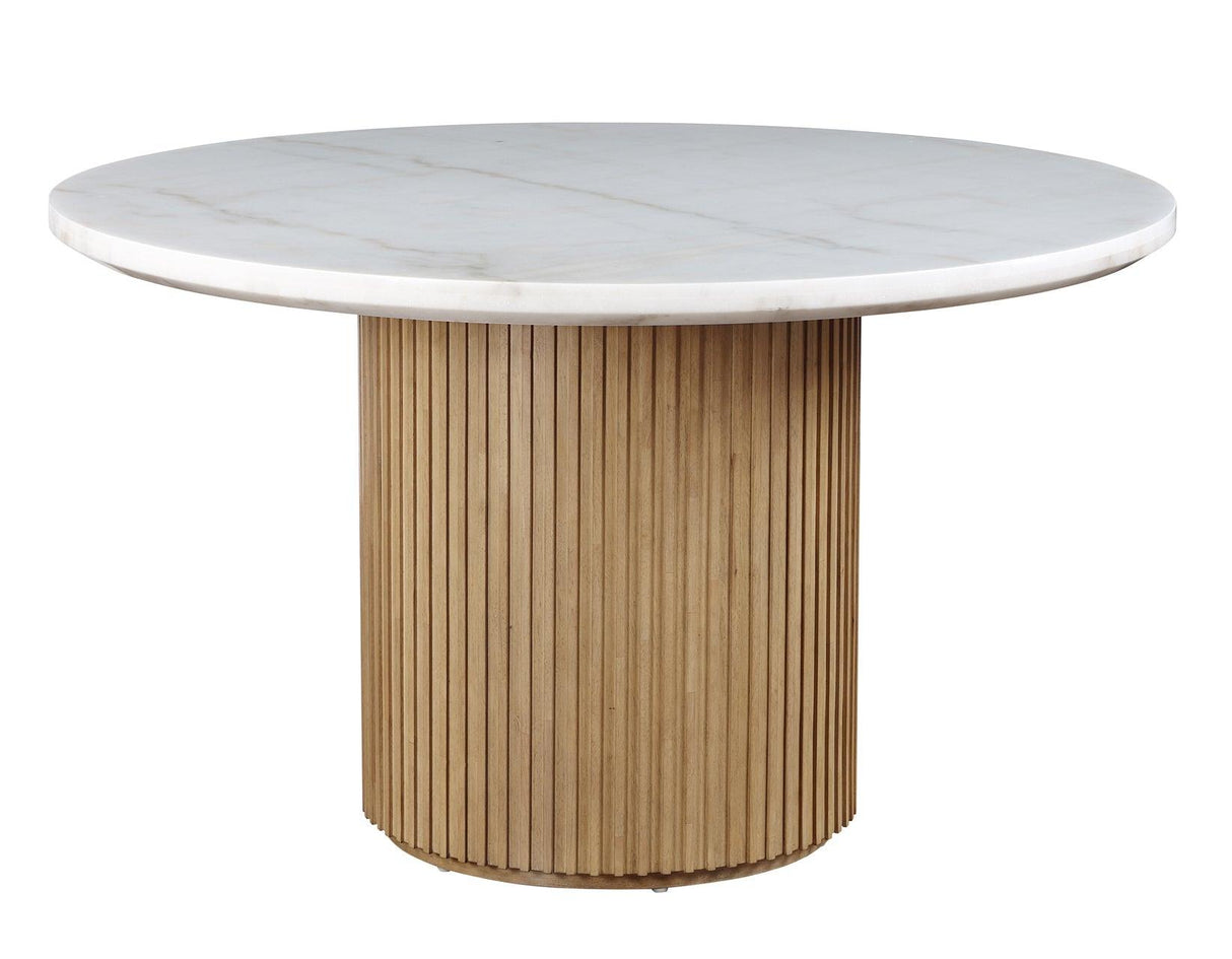 Colvin 52″ Round White Marble Table, Toffee Finish by Steve Silver at Eve Furniture