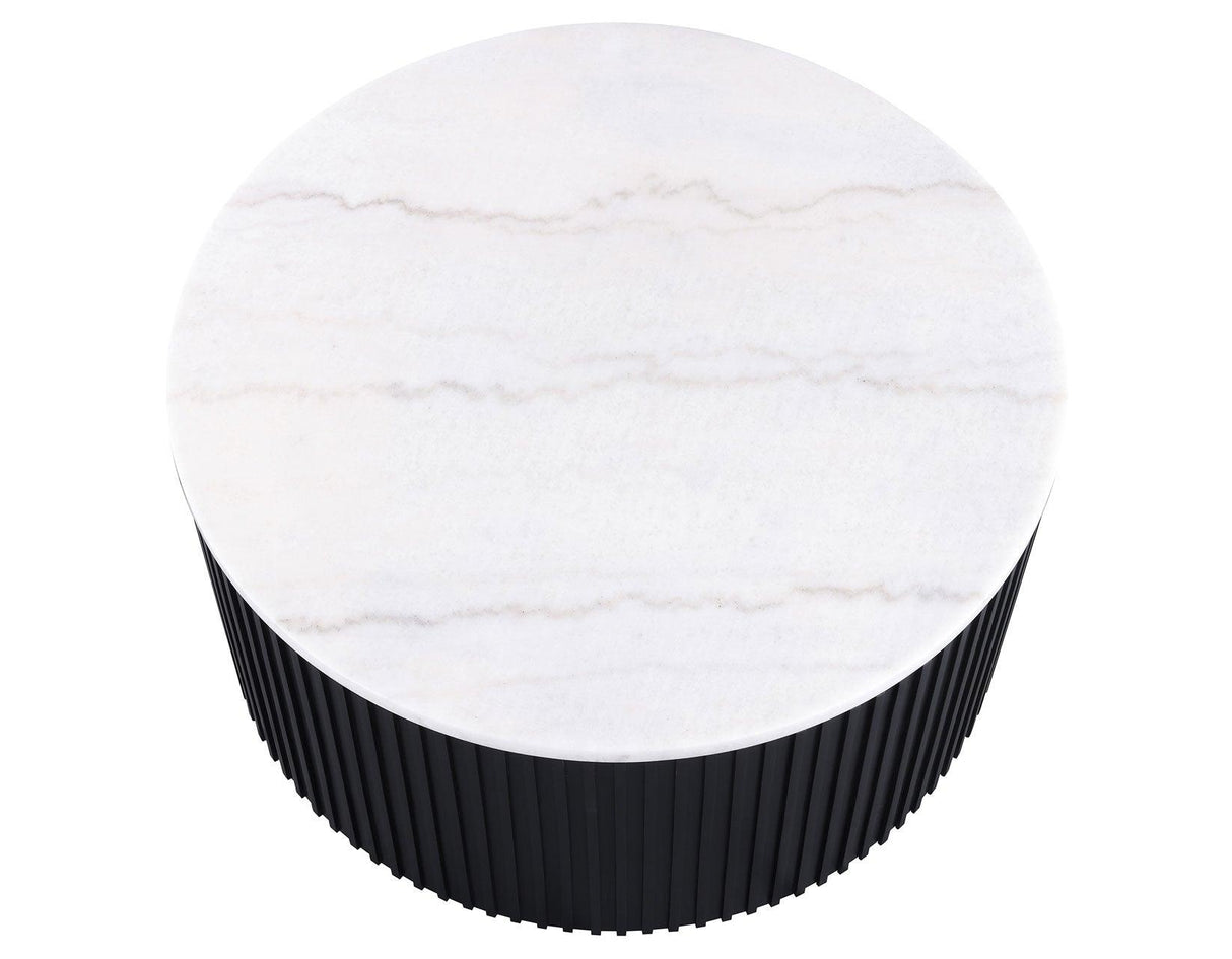 Colvin Black Finish 36″ Round Castered White Marble Top Coffee Table by Steve Silver at Eve Furniture