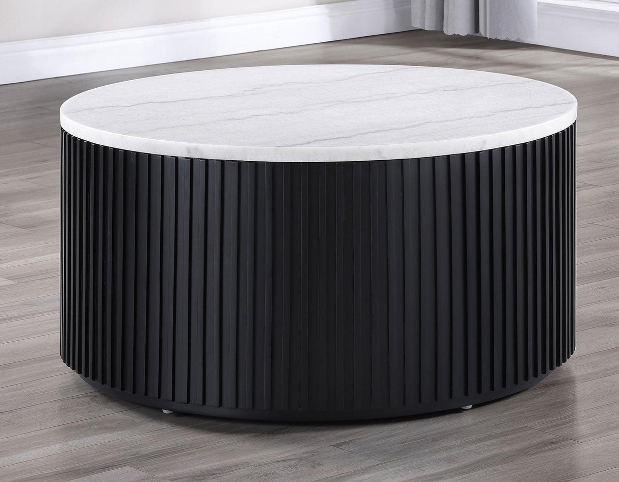 Colvin Black Finish 36″ Round Castered White Marble Top Coffee Table by Steve Silver at Eve Furniture