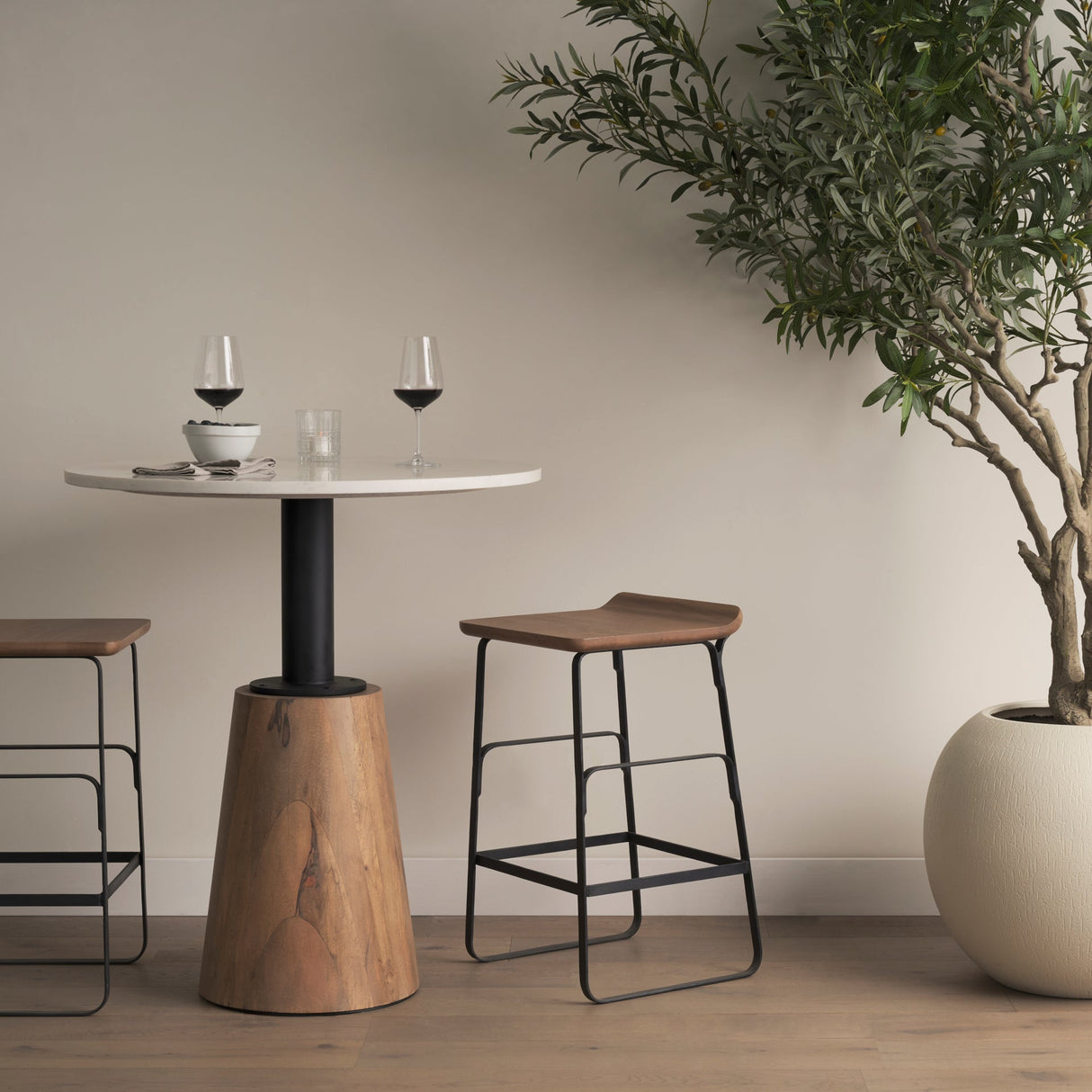 Conan 25" Seat Height Brown Wood Seat Black Metal Frame Counter Stool by Mercana at Eve Furniture