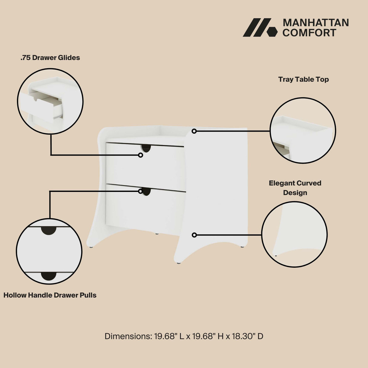 Coney 3-Piece Dresser and 2 Nightstands in White by Manhattan Comfort at Eve Furniture