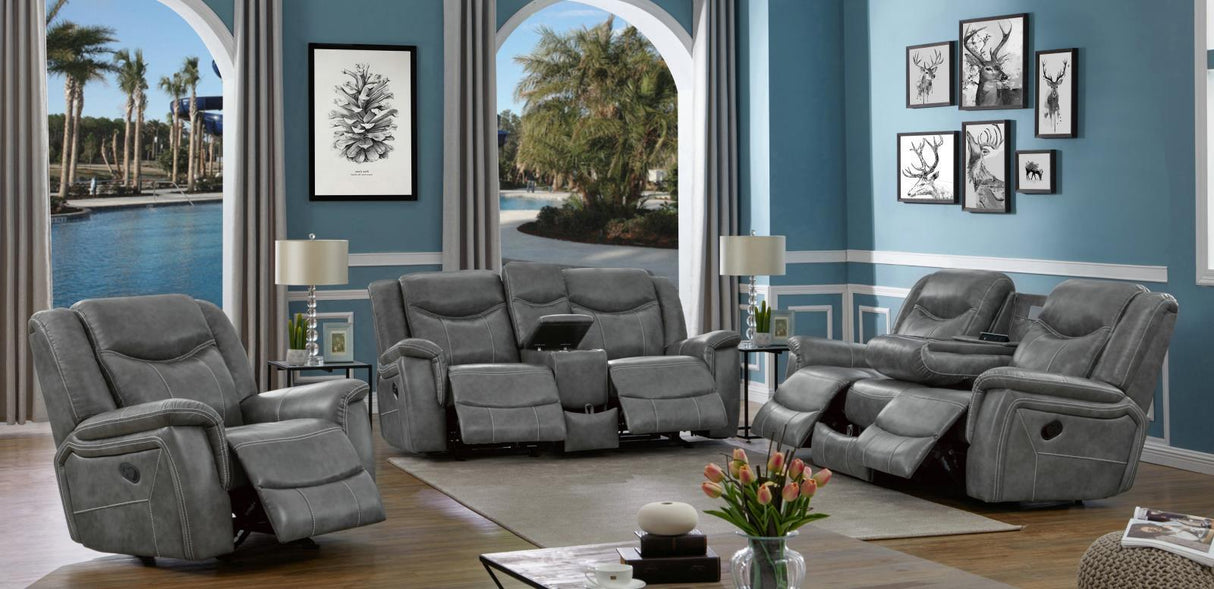 Conrad Grey 3-piece Upholstered Padded Arm Motion Sofa Set by Coaster at Eve Furniture