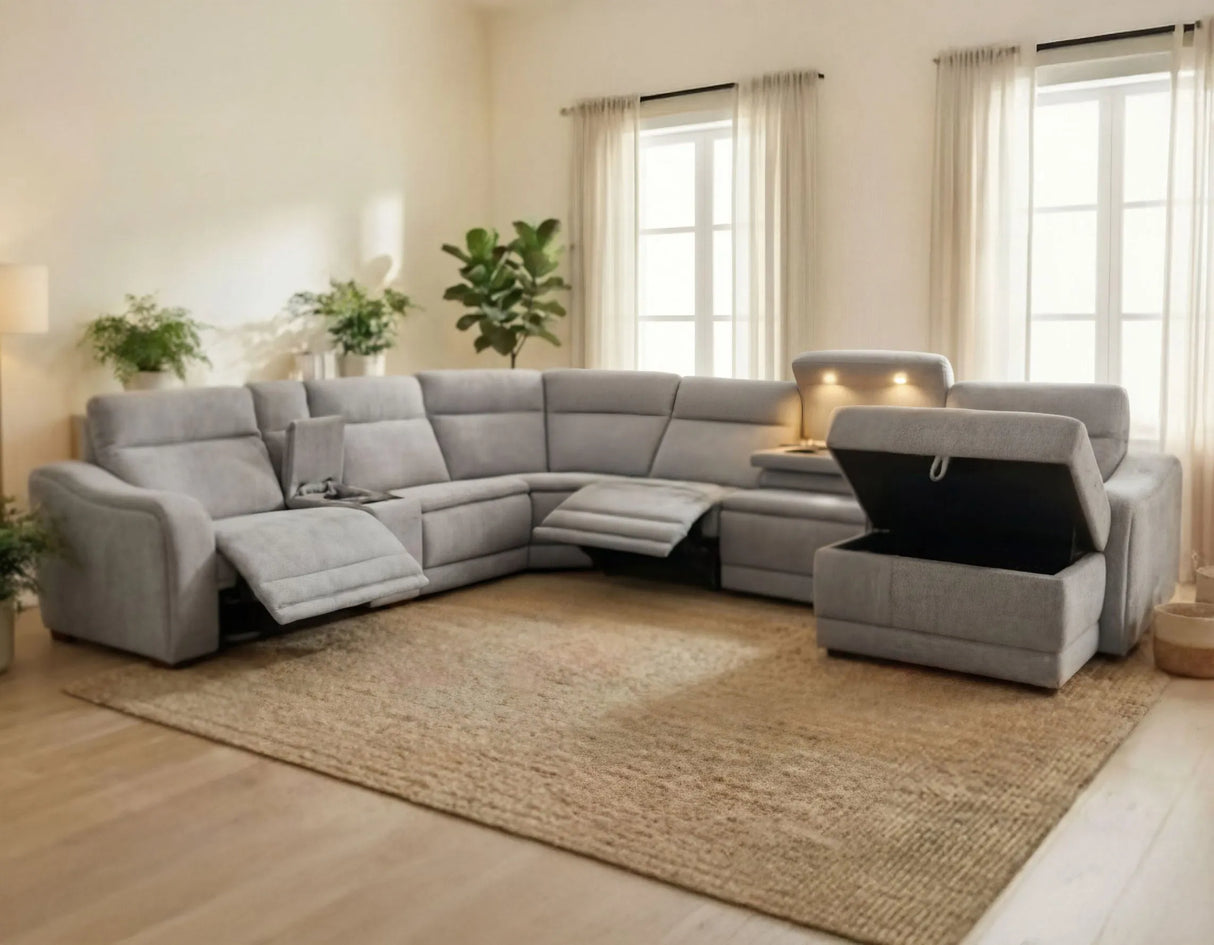 Conroe Gray Dual-Power 7-Piece Reclining Sectional with Chaise by Steve Silver at Eve Furniture