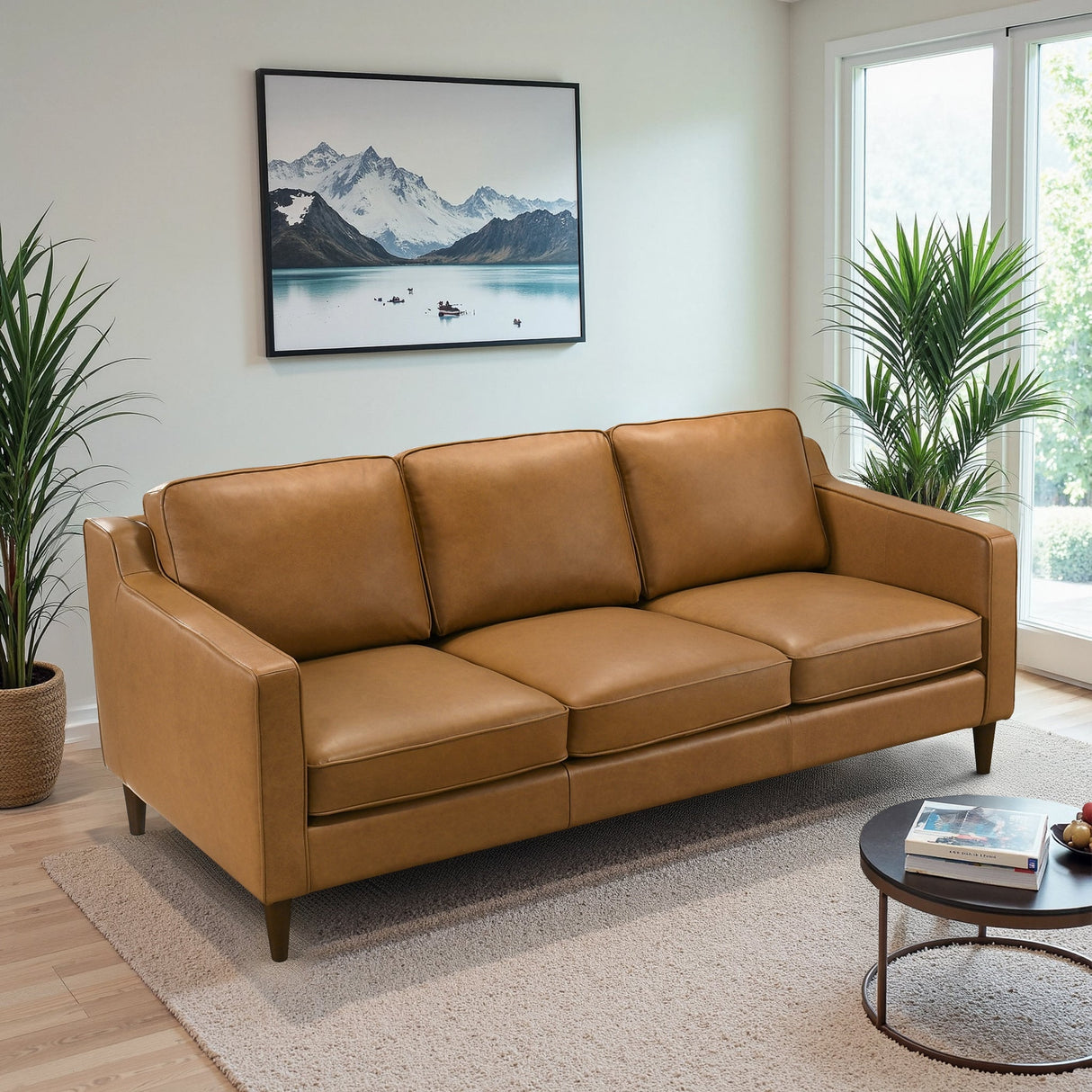 Cooper Mid Century Modern Tan Leather Sofa by Ashcroft Furniture at Eve Furniture