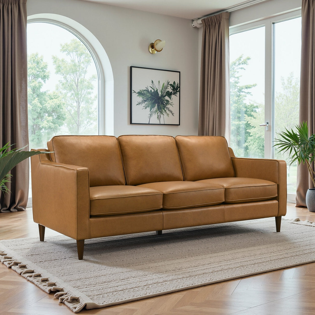 Cooper Mid Century Modern Tan Leather Sofa by Ashcroft Furniture at Eve Furniture