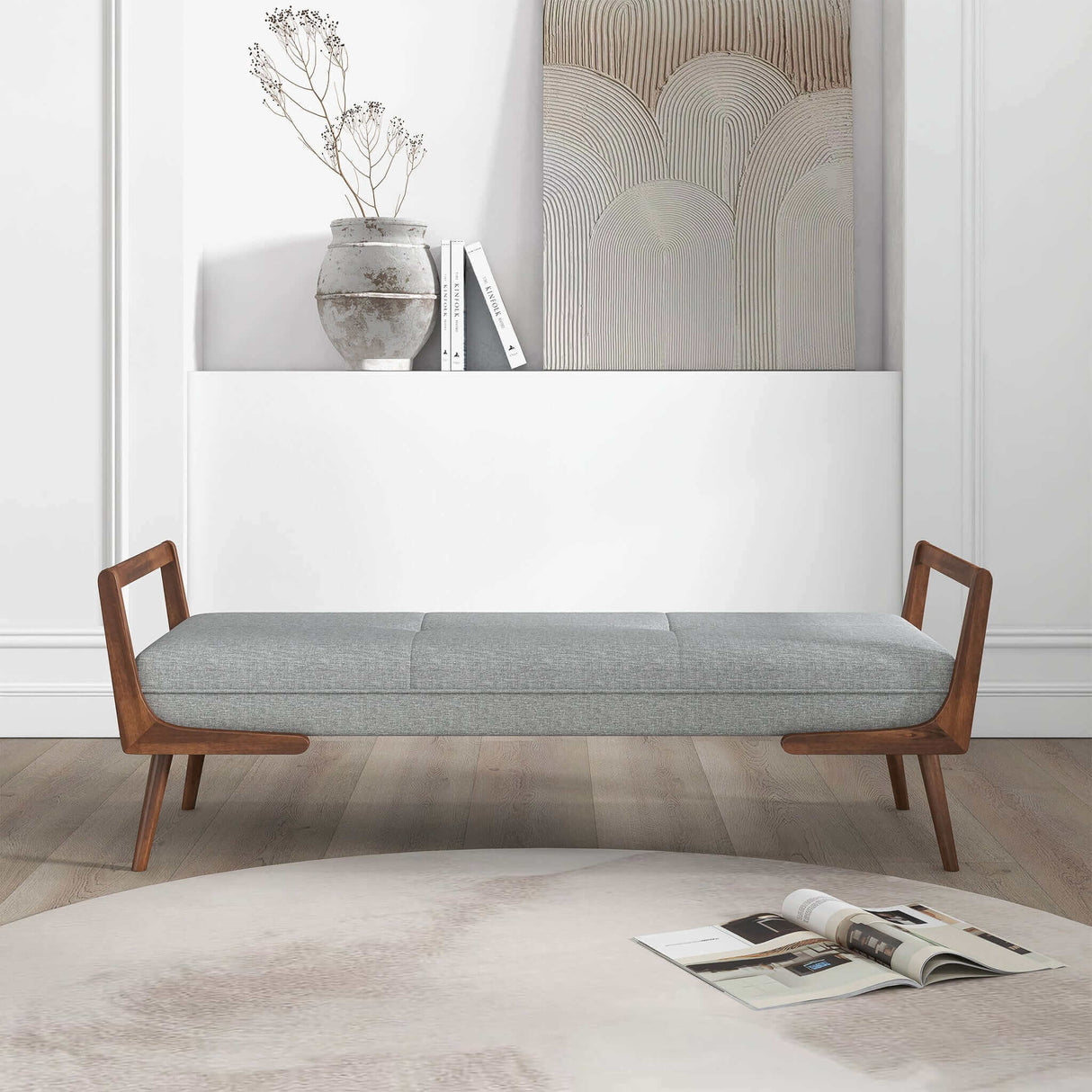 Cora Mid Century Modern Grey Fabric Bench by Ashcroft Furniture at Eve Furniture