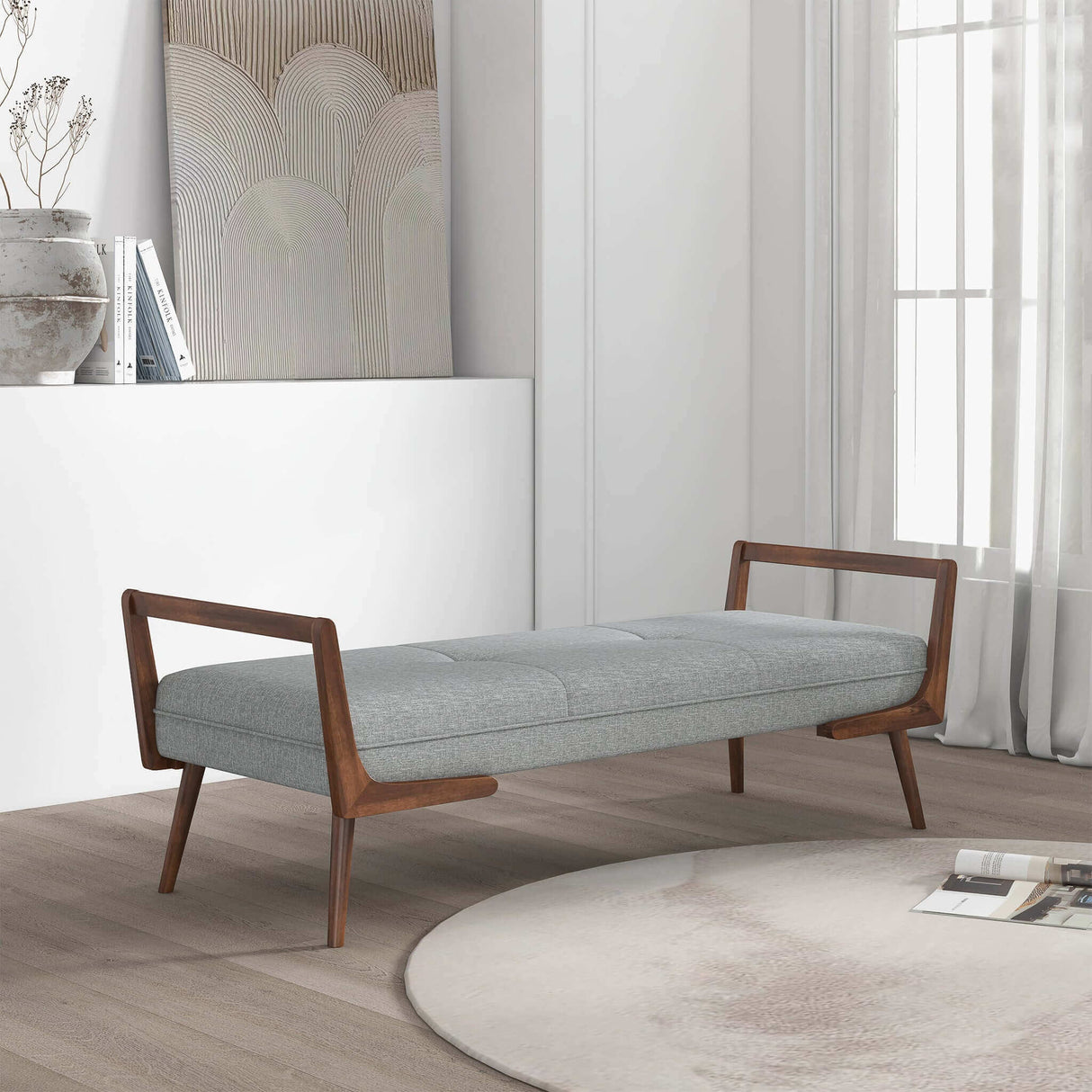 Cora Mid Century Modern Grey Fabric Bench by Ashcroft Furniture at Eve Furniture