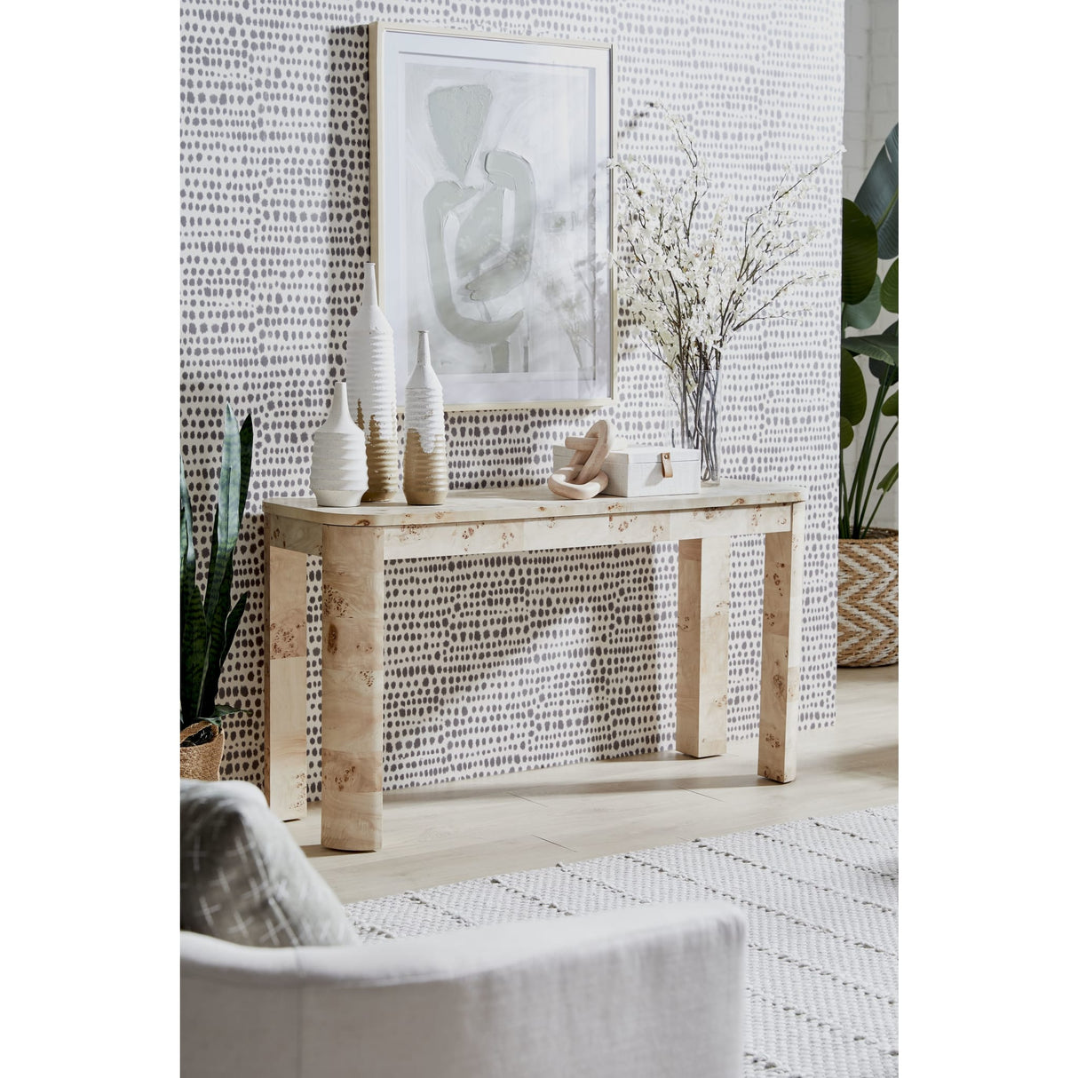 Cosmo Mappa Burl Console Table in Amber Kiss by Modus Furniture at Eve Furniture