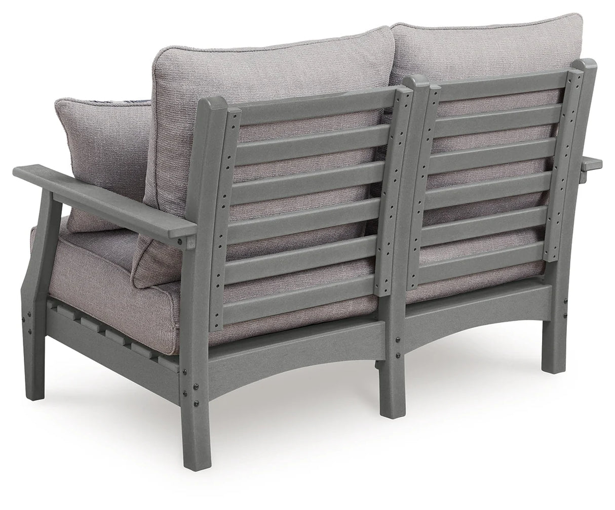Cove Beach Gray Outdoor Sofa and Loveseat with Coffee Table by Ashley at Eve Furniture