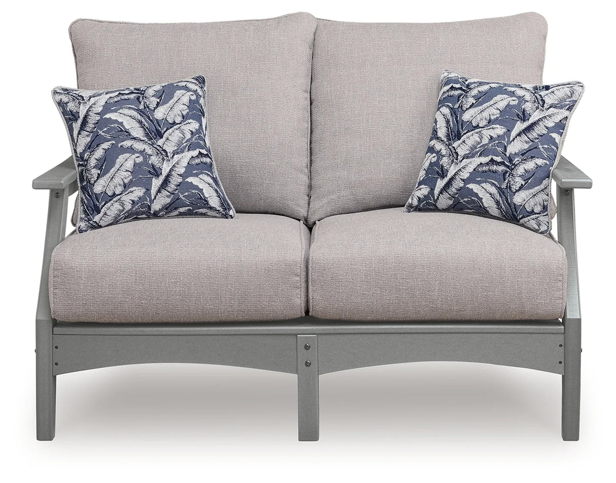 Cove Beach Gray Outdoor Sofa and Loveseat with Coffee Table by Ashley at Eve Furniture