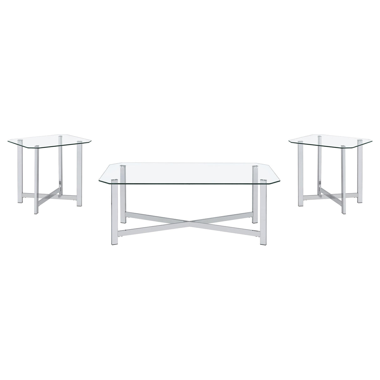 Cronin Chrome 3-piece Tempered Glass Top Coffee Table Set by Coaster at Eve Furniture