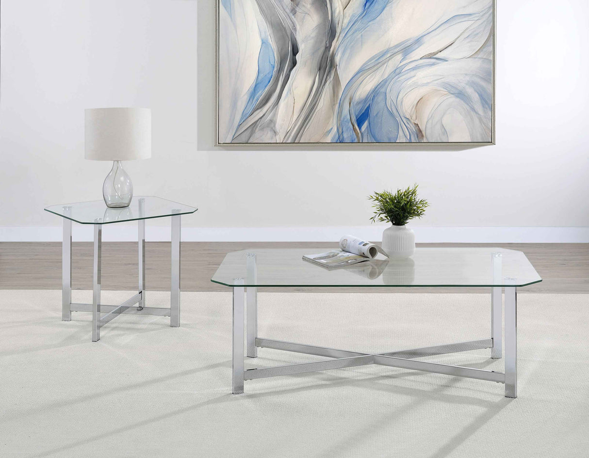 Cronin Chrome Rectangular Tempered Glass Top Cocktail Coffee Table by Coaster at Eve Furniture