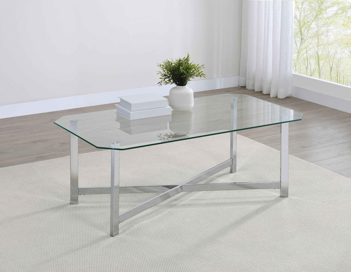 Cronin Chrome Rectangular Tempered Glass Top Cocktail Coffee Table by Coaster at Eve Furniture
