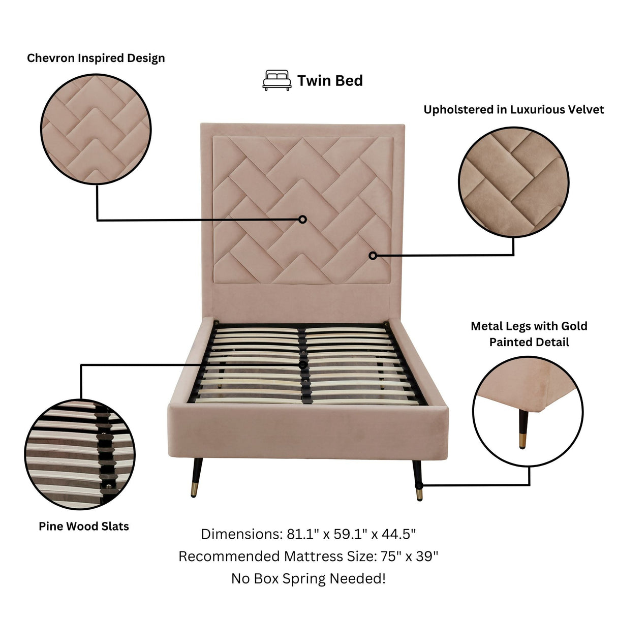 Crosby Twin-Size Bed in Nude by Manhattan Comfort at Eve Furniture