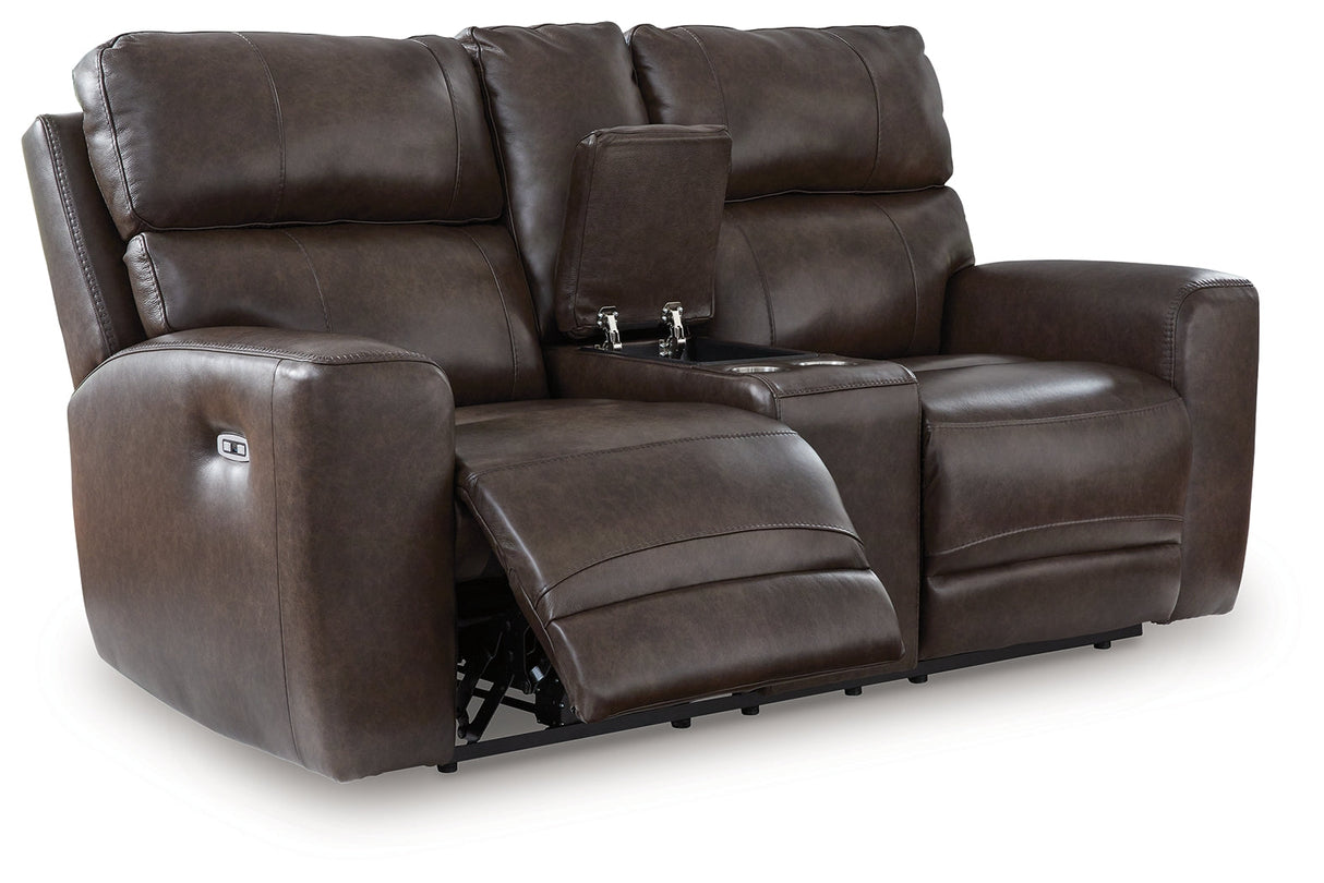 Crossplex Smoke Power Reclining Loveseat with Console by Ashley at Eve Furniture