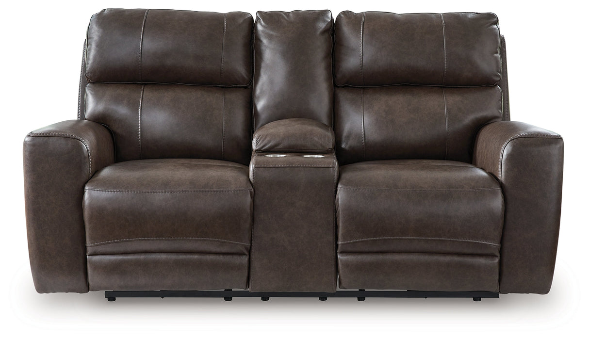 Crossplex Smoke Power Reclining Loveseat with Console by Ashley at Eve Furniture